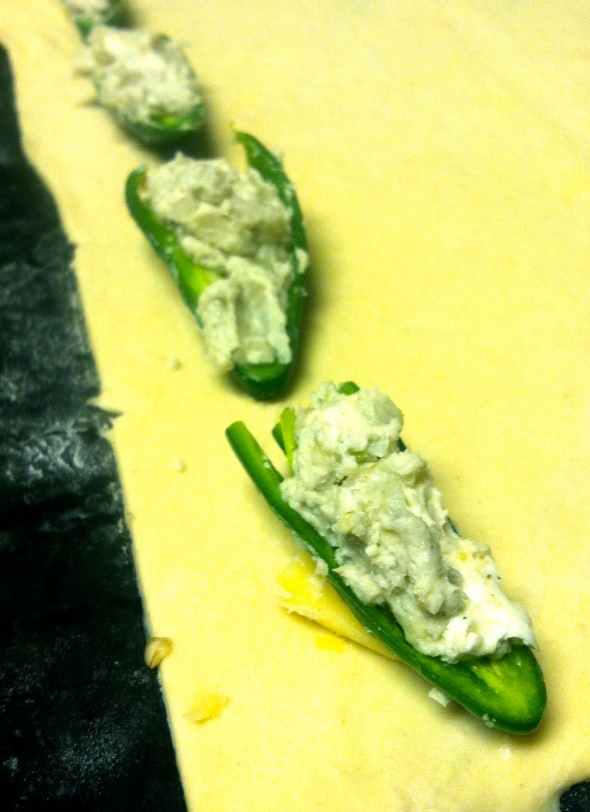 Stuffed jalapenos on puff pastry